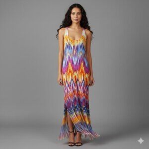 VENUS Multicolor Tye Dye Maxi Dress w/ Fringe Hem